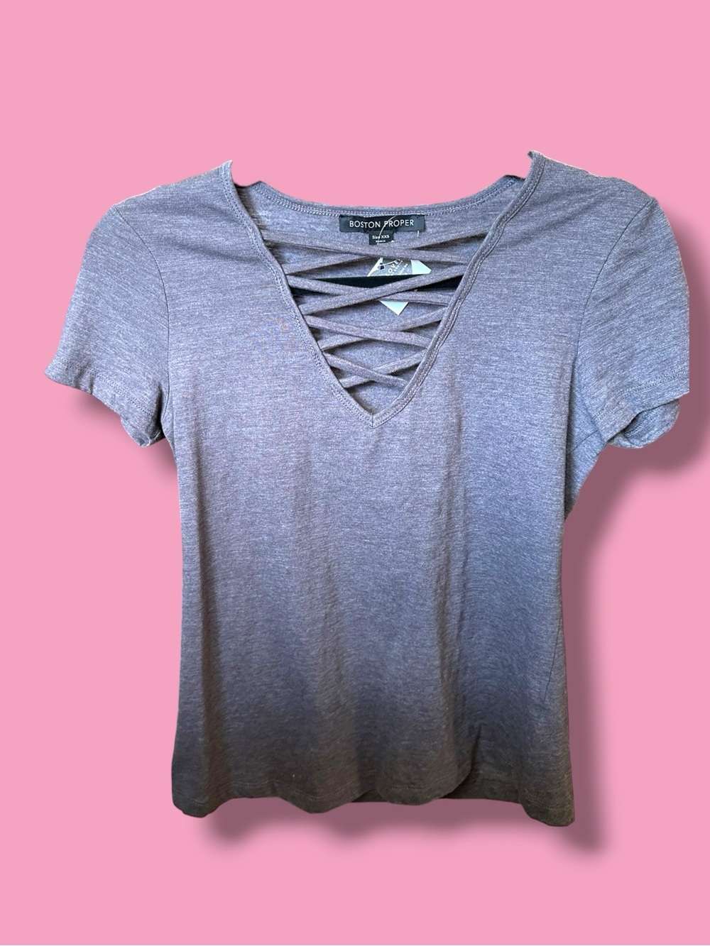 Boston Proper Heather Mauve Crisscross V-Neck Short Sleeve Tee